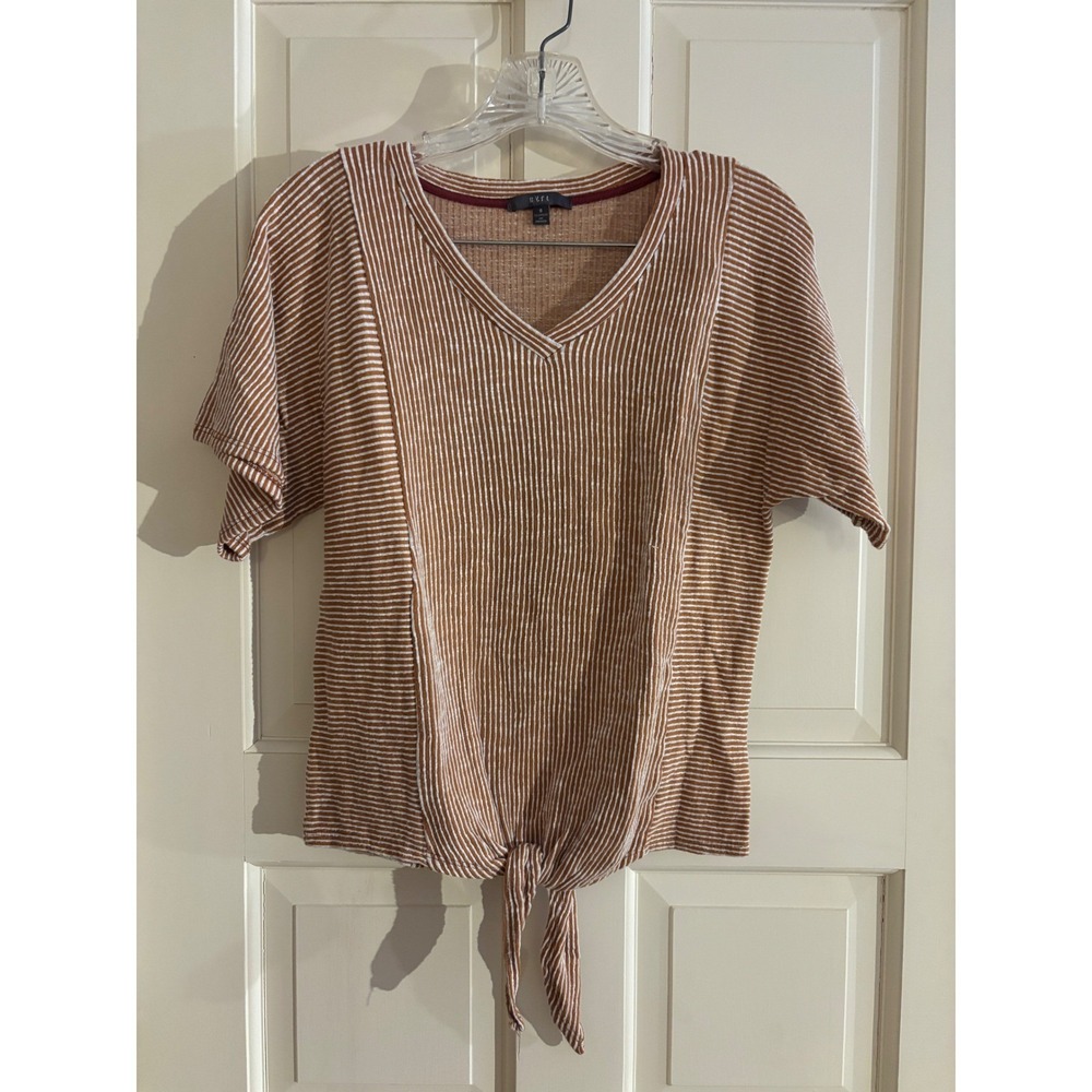 Gyft Womens Small Rust White Striped Waffle Knit Tie Front V-Neck Top